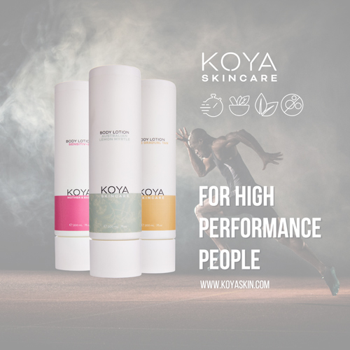 bottles of KOYA Skin body lotions for active people