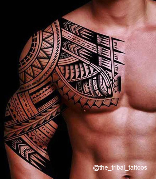 tribal tattoo on half sleeve and chest by @the_tribal_tattoos